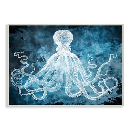 Stupell Industries Underwater Octopus Tentacles Blue White Nautical Design Wood Wall Plaque
